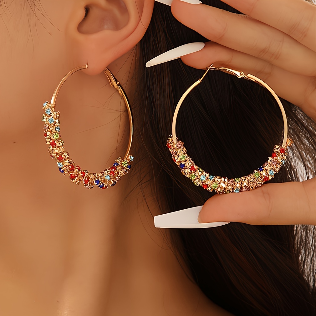 

-chic Colorful Rhinestone Hoop Earrings - Vintage Alloy Design For Everyday & Party Wear