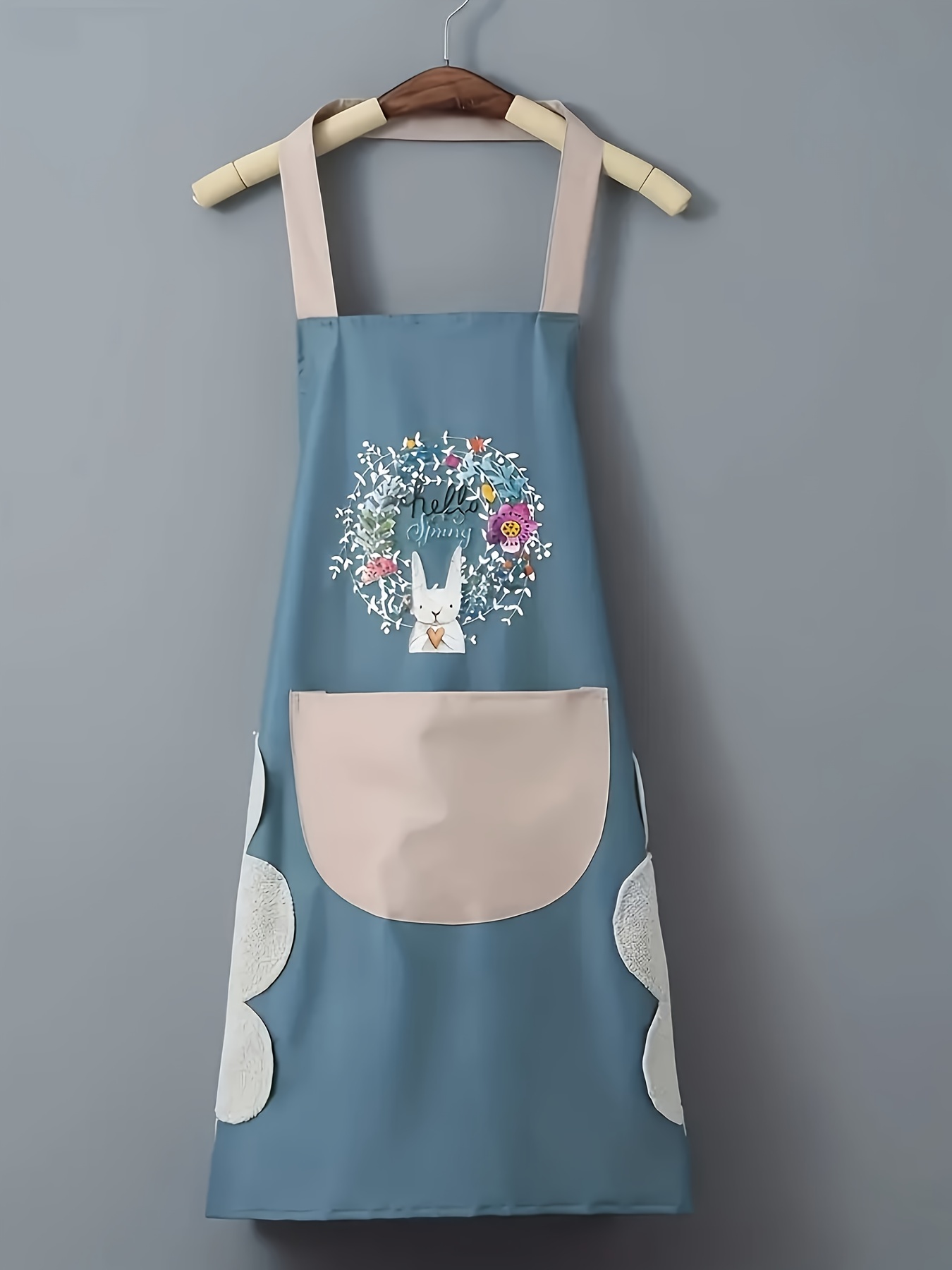 cute cartoon flower wreath rabbit apron pvc material apron coffee shop and restaurant workwear practical household apron with hand wiping design on   wear resistant and easy to clean apron practical apron for ladies couple apron