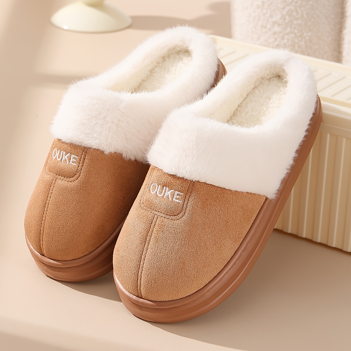 TEMU New Autumn/winter Women's Slippers, Anti-slip And Wear-resistant Couple's Style, Simple Indoor Home Slippers With Plush Lining For