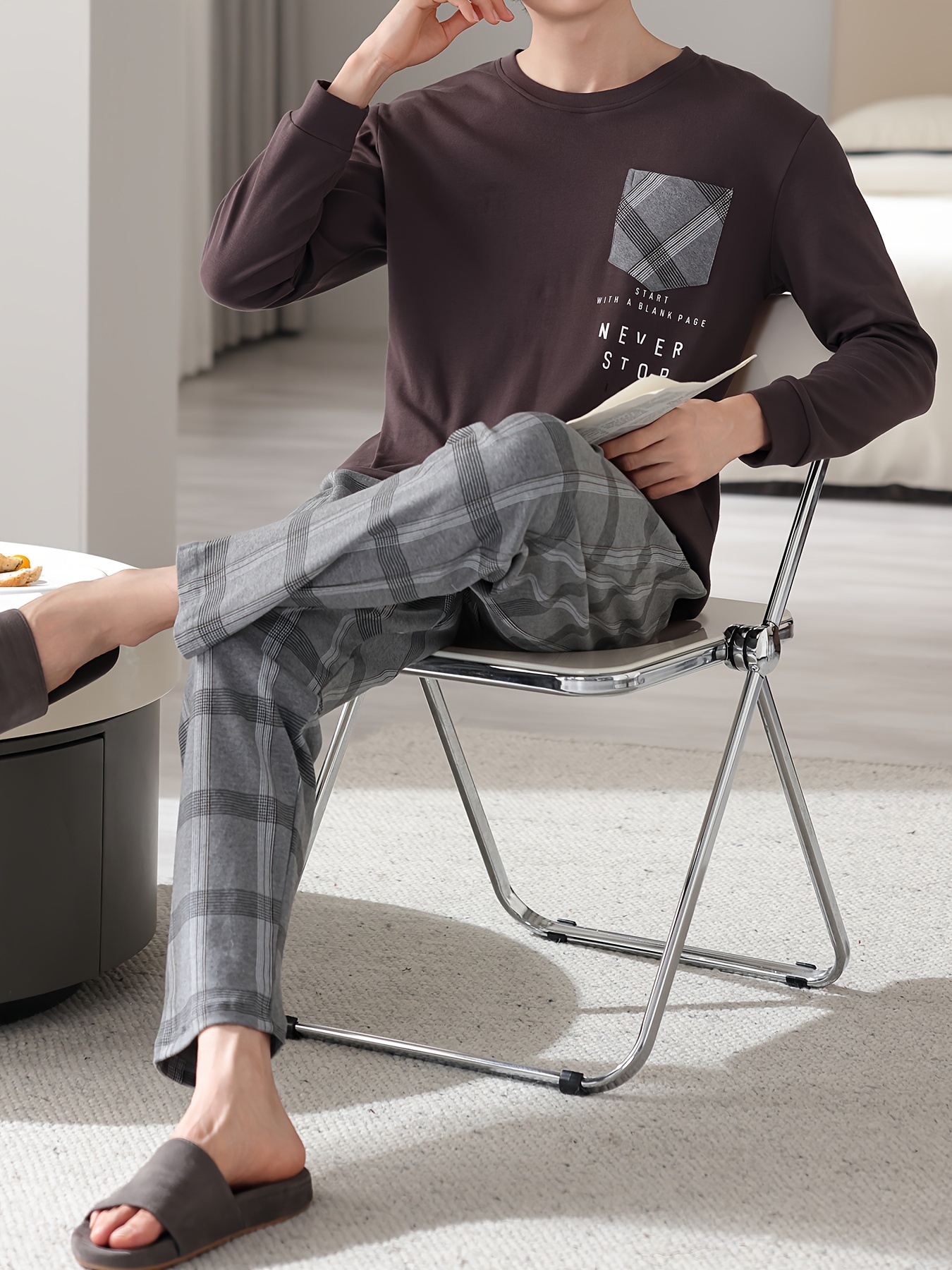 1set Men'S Casual Cotton Pajama Set, Long Sleeve Round Neck Sleepwear with Pockets, Loose Fit Knitted Pullover for Spring/Autumn - Comfortable Thin Cotton Outfit