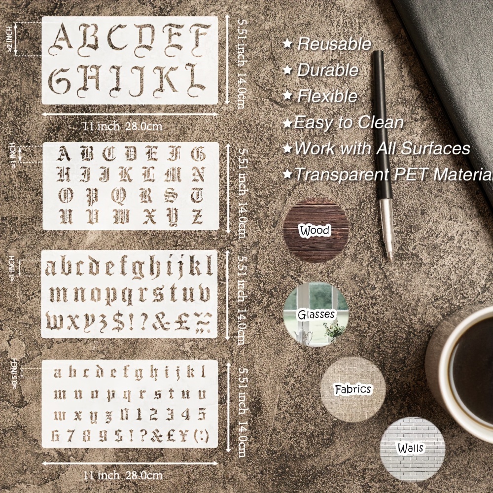 8 Pieces Old English Stencil 1 Inch Reusable Gothic Letter Stencils Templates Plastic Numbers Stencils Calligraphy Stencils Gothic Font