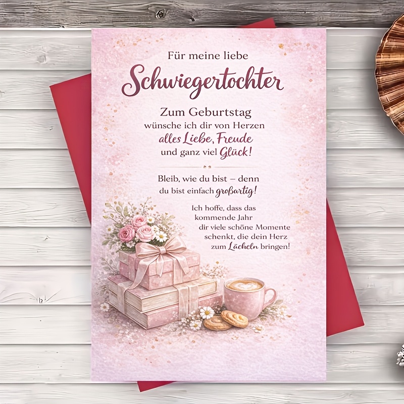 TEMU Ein Umschlag eine Grußkarte Geburtstagskarte für die Schwiegertochter, rosa florale Geschenke Kaffee, flache Grußkarte für Ehefrau, Familie,