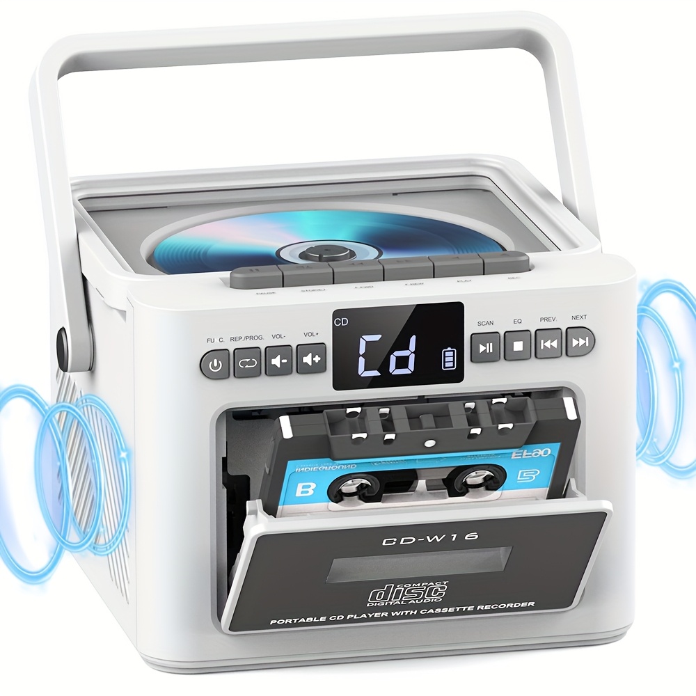White portable boombox with a CD compartment above and a cassette deck below, with radio controls