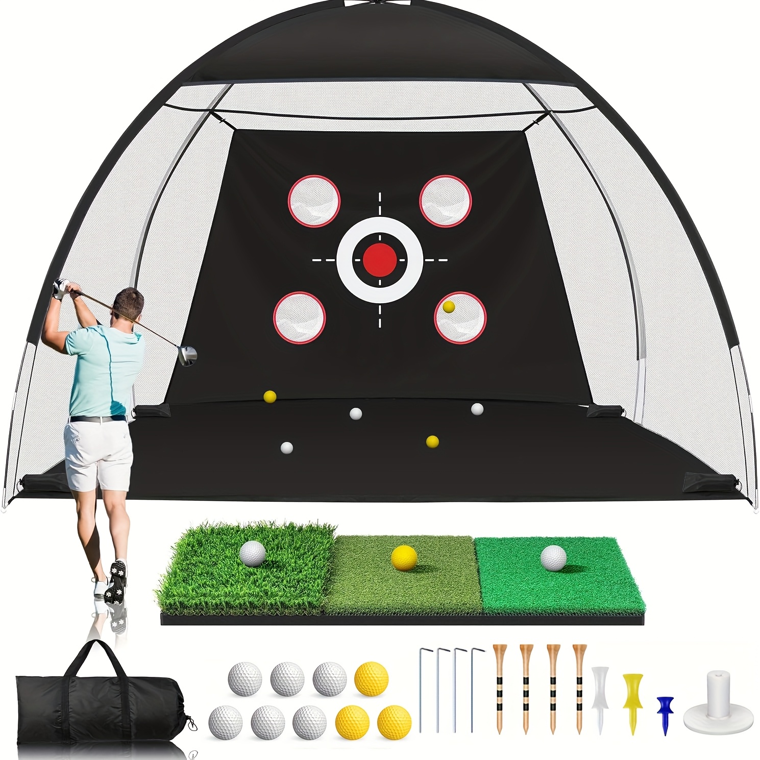 TEMU Full Set Golf Practice With Carry Bag, Ground Stands & Accessories - Portable / Net Suitable For Home, Driveway, For Golfers, Easy Setup (balls,