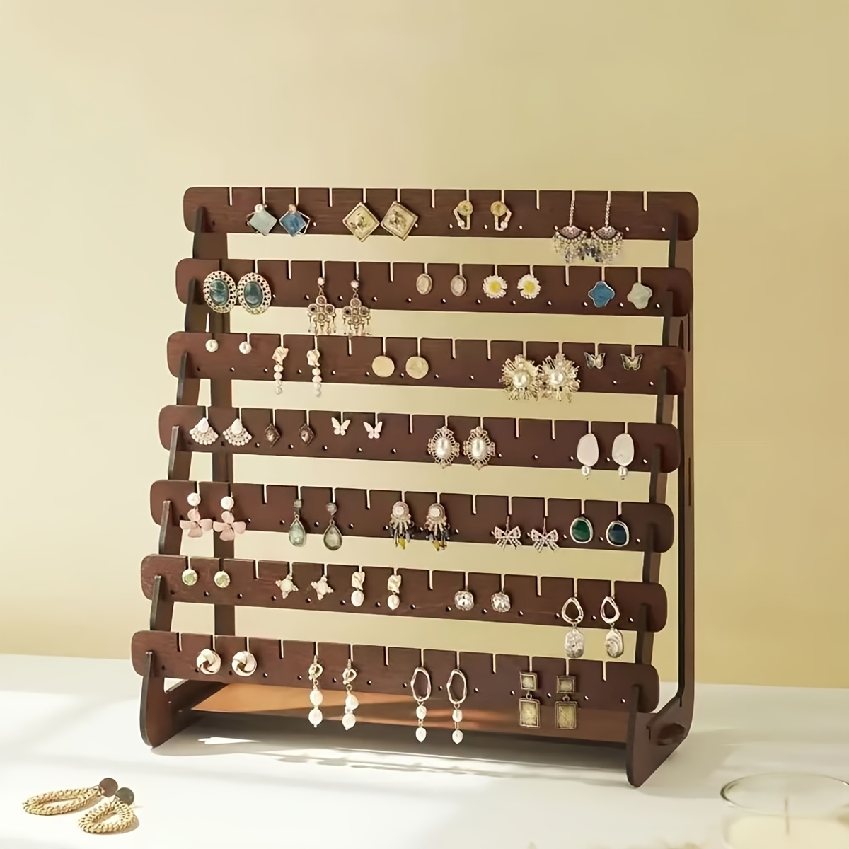 1pc walnut wood earring display rack multi tier modern tabletop organizer for studs hoops dangling earrings earring display rack minimalist earring holder wooden earring stand jewelry display rack   0
