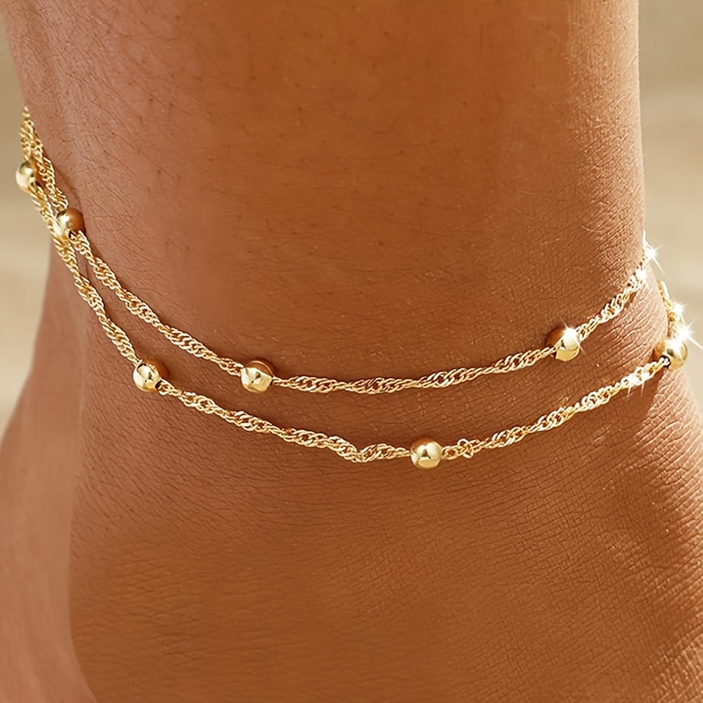 TEMU 18k Golden Plated Waterproof Beaded Stainless Steel Double Layer Anklet, Bohemian Exquisite Anklet, Easy Women's Anklet, Seaside Anklet, Beach