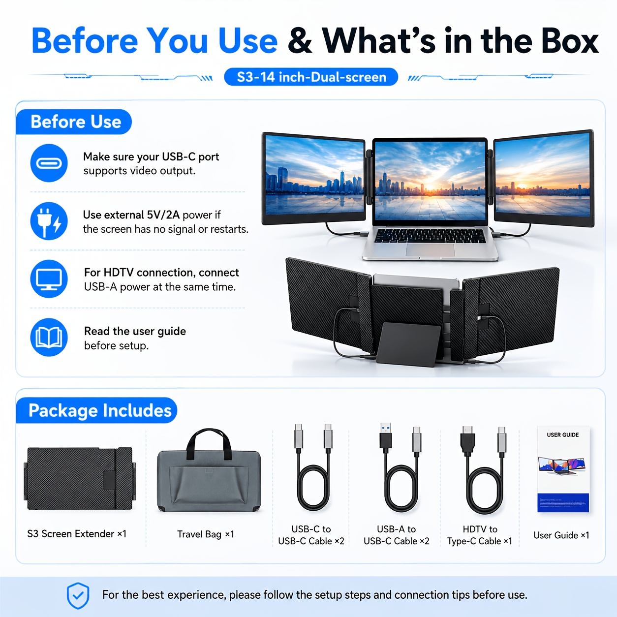 Laptop Screen Extender 14 / 15.6 Inch Dual Screen Portable Monitor, 1080P FHD IPS Screen, 178° Wide Viewing Angle, High Color Gamut, Plug And Play Three-Screen Expansion, Widely Compatible, USB-C/HDTV Video Output, Foldable External Monitor