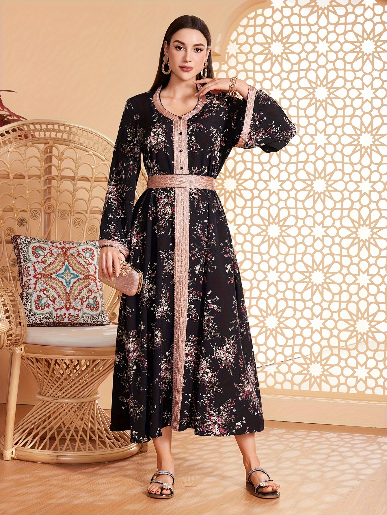 knee length dresses for ladies Lamiya Floral Sequined A-Line Kaftan Dress in Light Blue main image 0
