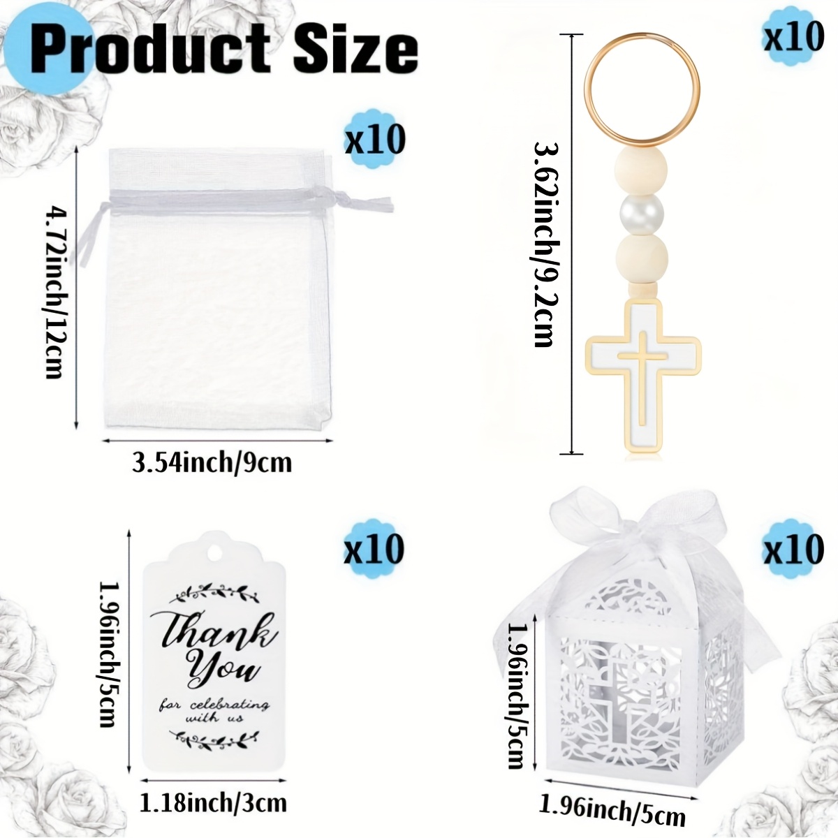 Image of 40pcs First Holy Communion Favors Set Includes 10pcs Keychain Rosary Beads, 10pcs Baptism Favor Boxes, 10pcs White Organza Bags And 10pcs Thank You Tags For Christening Baptism First Communion Gifts