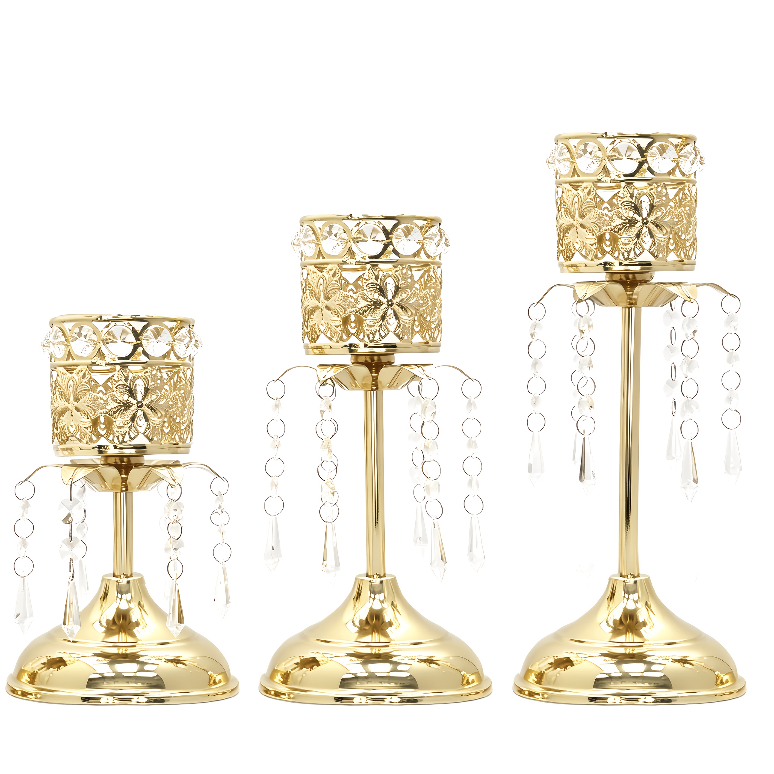 TEMU Elegant Gold-plated Crystal Candlestick Set In 3 Sizes, Featuring Sparkling Crystals. Suitable For Table Centerpieces And Event Decorations