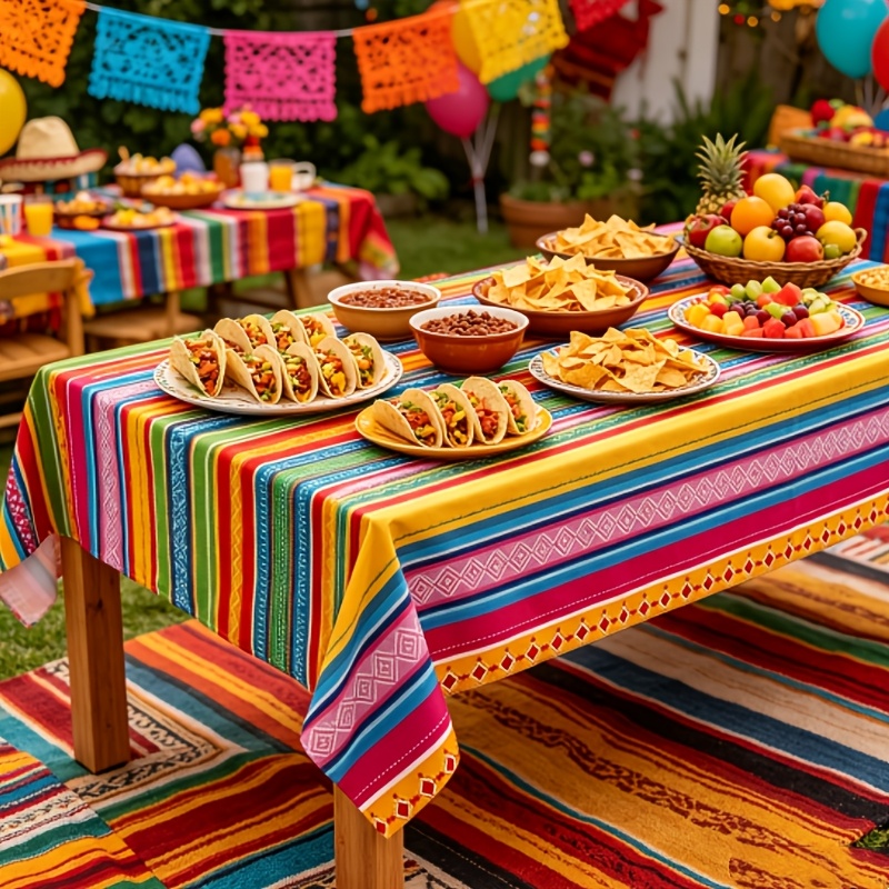 TEMU Nappe 1 pièce à motif de mexicain, 54 x 108 pouces, nappe de fête à rayures mexicaines, convient pour les décorations de mariage mexicain, fête