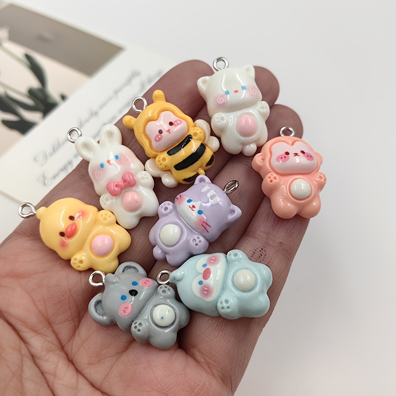 

8pcs Lovely Animals Rabbit Bee Koala Penguin Chicken Charms For Jewelry Making Findings Kawaii Resin Beverages Charm Pendants Flatback Keychain