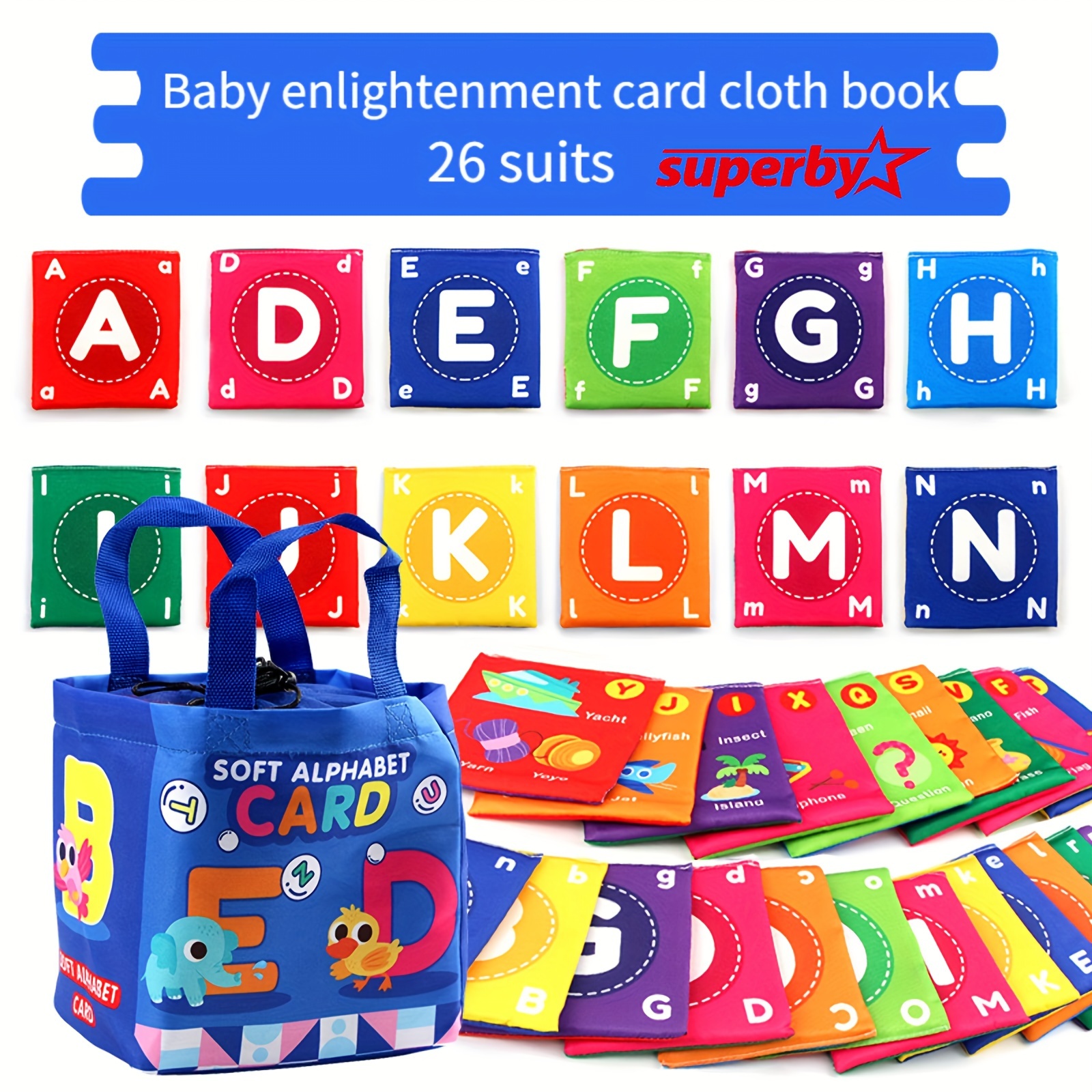 26pcs infant early education enlightenment cognitive card cloth book washable baby animal letter color number cognitive development intelligence toy 26 piece storage bag set details 1