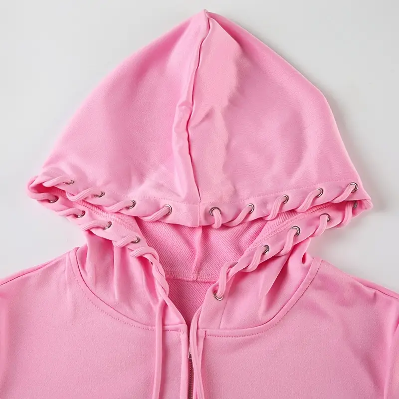 schickes Y2-Sweatshirt mit Kapuze und Reißverschluss und Taschen, lässige, einfarbige, dehnbare Polyestermischung, maschinenwaschbar, Details 0