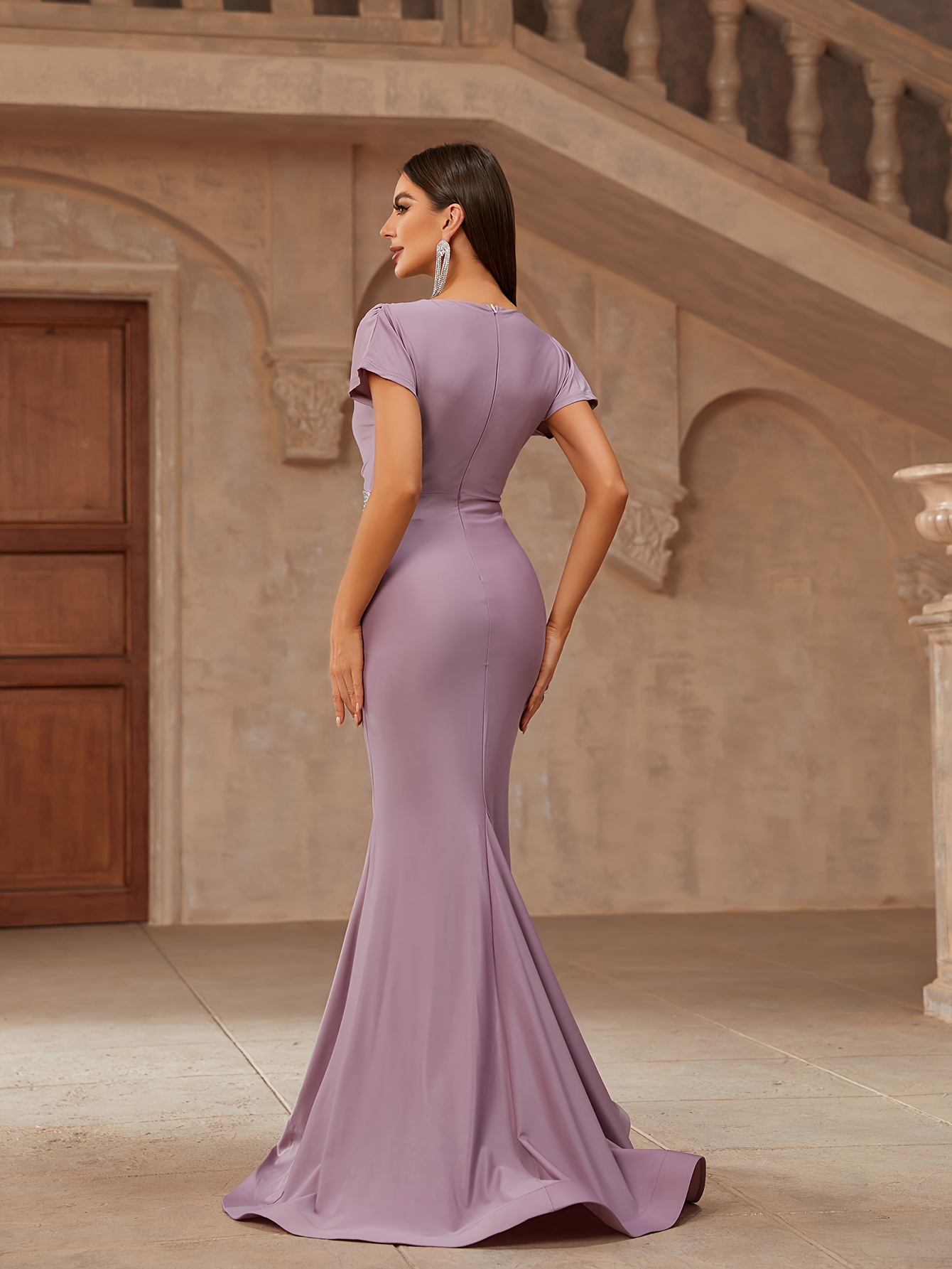 mermaid hem formal dress elegant v neck short sleeve dress - Temu