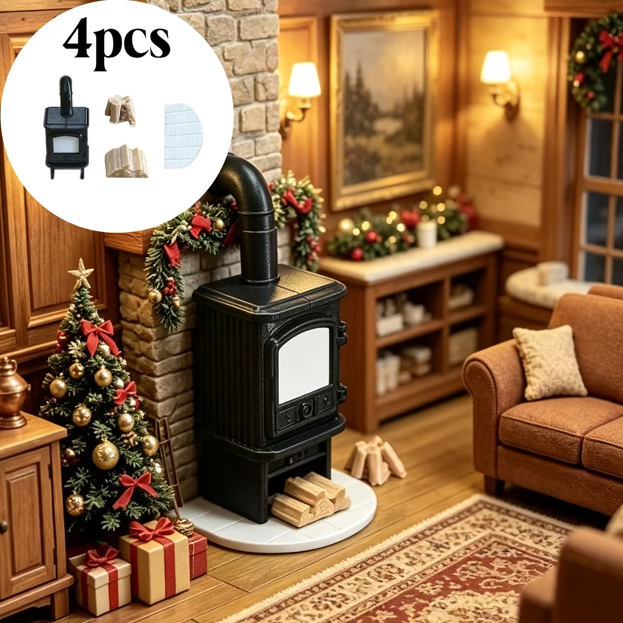 TEMU 4pcs 1:12 Scale Mini Plastic Cast Iron Fireplace , Includes 1 Fireplace, 1 Base Plate, 2 Wood Piles. Suitable For Dollhouse Miniature Decoration