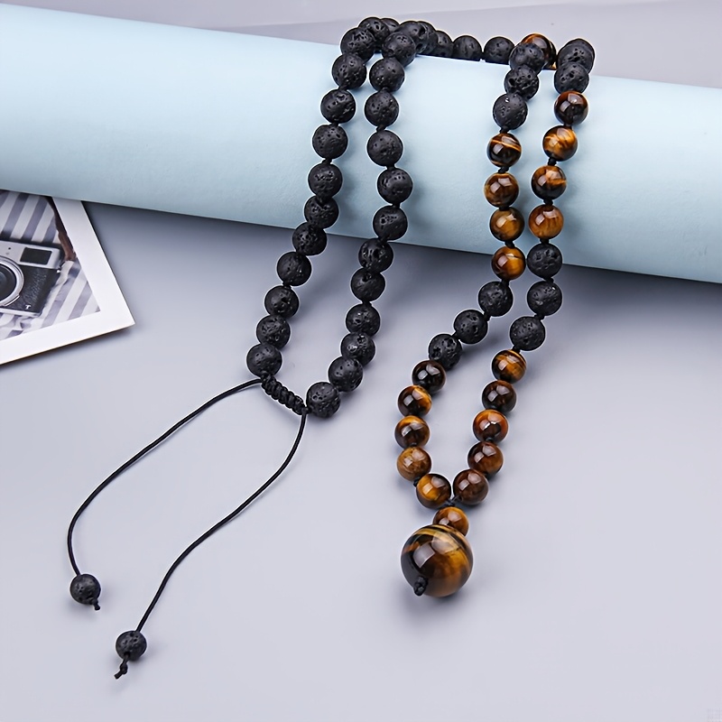 Chic 8mm Tiger Eye & Lava Stone Beaded Necklace with Pendant