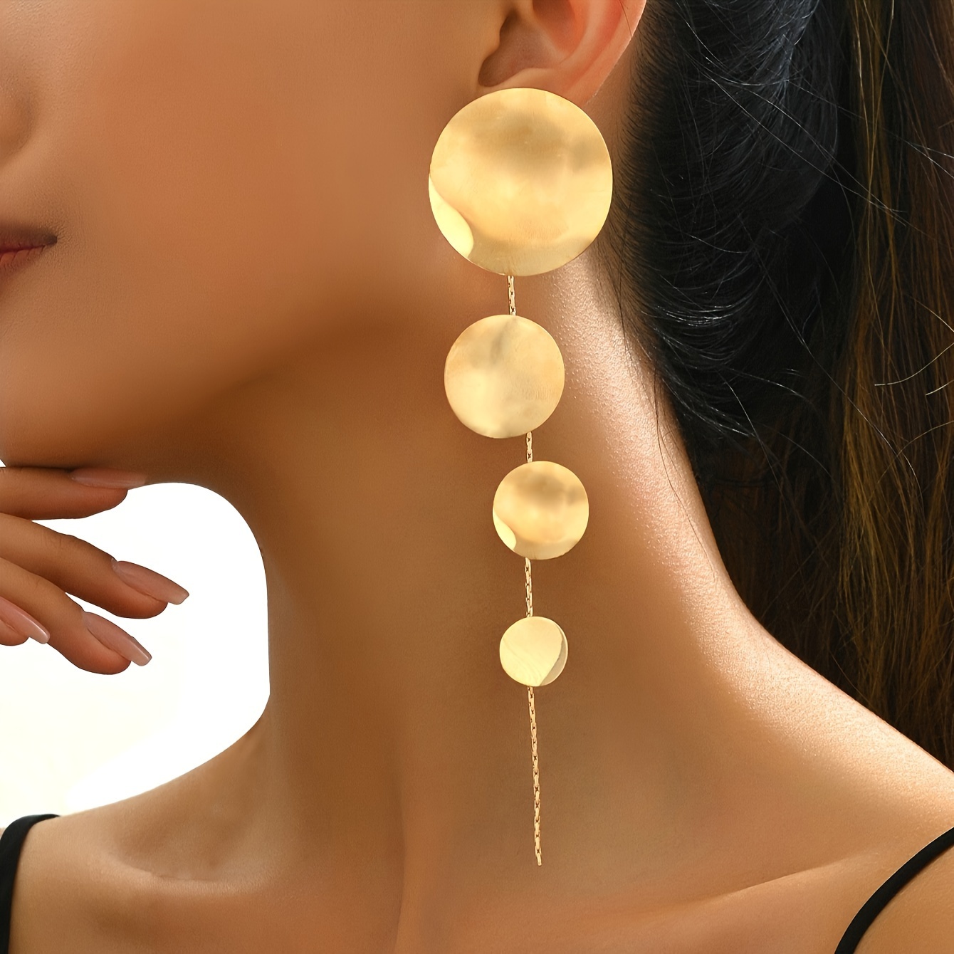 

1 Pair Of Elegant Golden-tone Geometric Round Tassel Long Drop Earrings - Vintage-inspired Iron With Chains For Casual Attire, Novelty Earrings