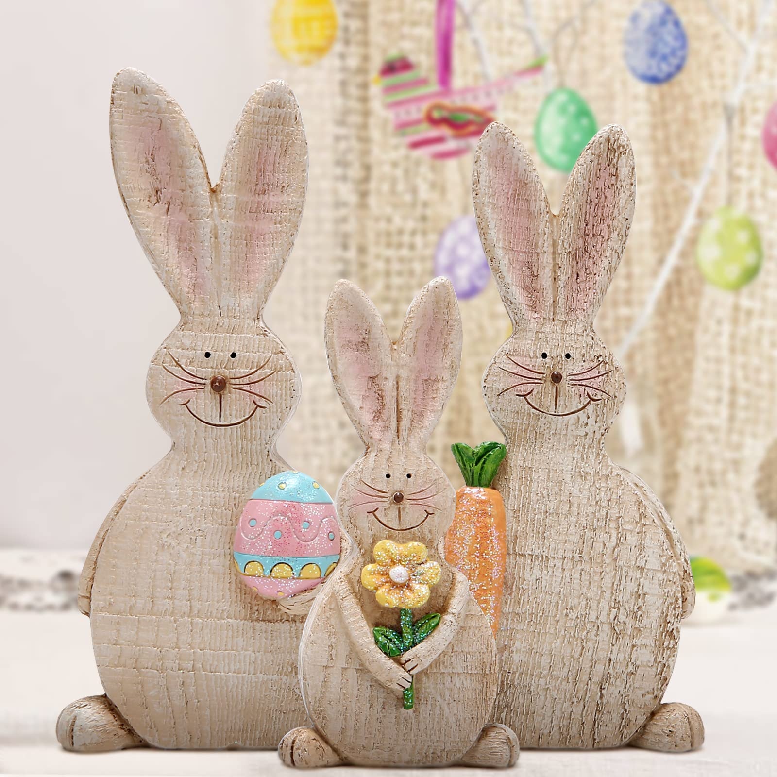 TEMU 3pcs Centerpieces - Spring Rabbit Wooden Ornaments With Easter Eggs, Flowers, And Carrots - Rustic Farmhouse-style Tabletop Decorations - Spring