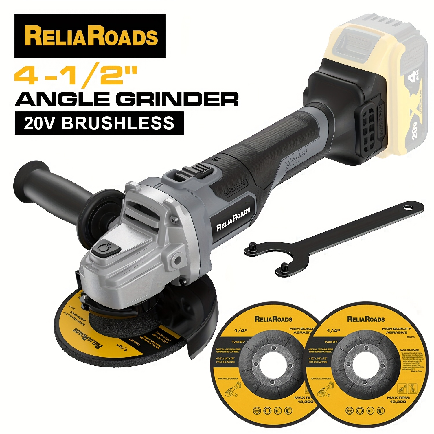 TEMU 20v Brushless 4-1/2" Cordless Angle Grinder Compatible With Battery - Includes Metal Grinding Wheels For Grinding, Polishing & Carving, Battery Not Included