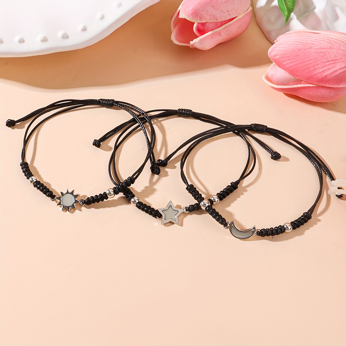 TEMU 3pcs Luminous Sun, Star, And Moon Pendant Braided Bracelet Set For Women, Creative Stackable Design, Suitable For Evening Parties, Couples, And