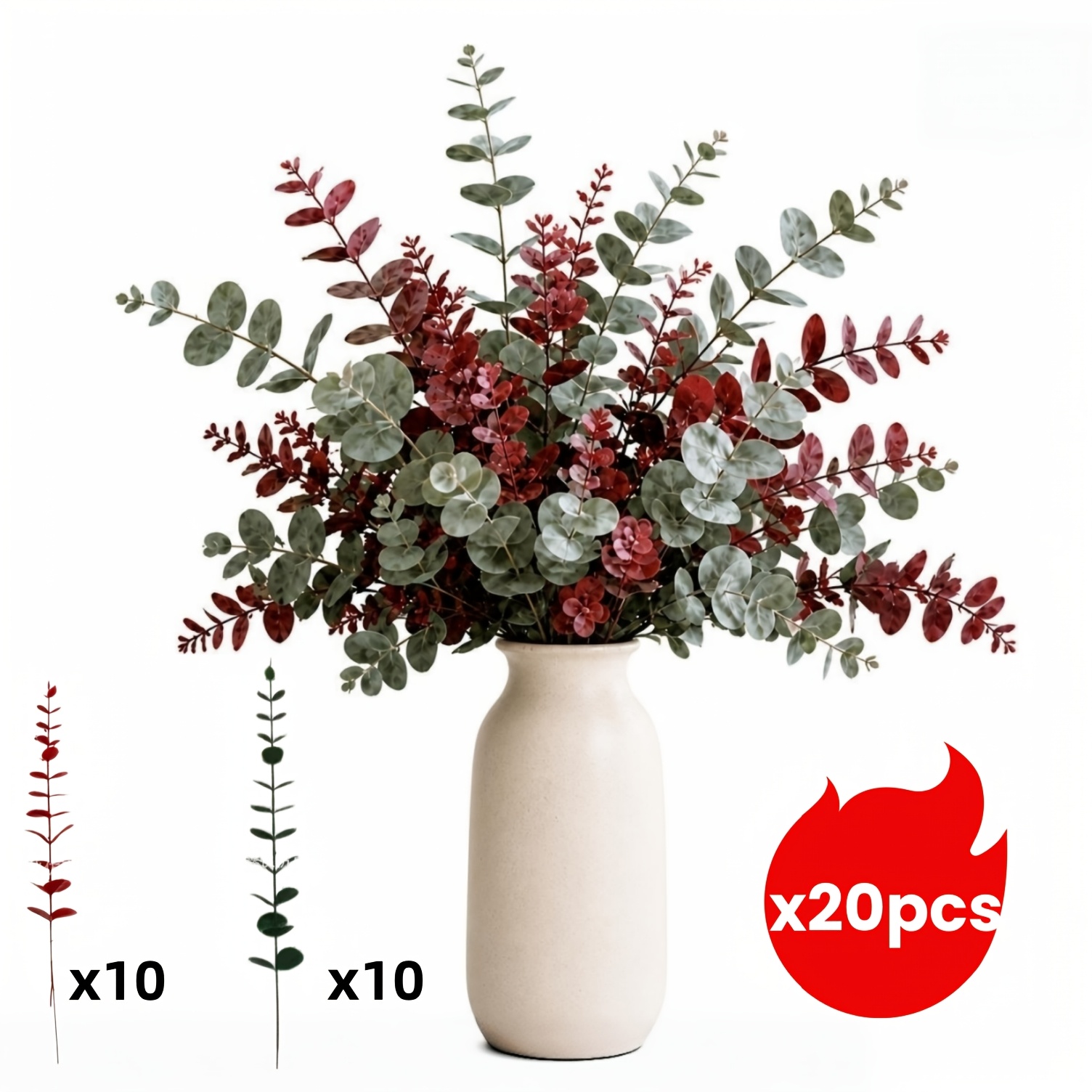 TEMU 20pcs Artificial Eucalyptus Stems Set, 10 Burgundy + 10 Green, 15-inch/38cm Tall -realistic Faux Greenery Branches, Suitable For Vase