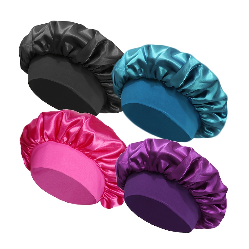 TEMU 4pcs Women's Fashion Satin Sleep Caps With Loose Straps - Soft Smooth Sleeping Hat For Curly & Straight Hair, Breathable & Comfortable For Daily