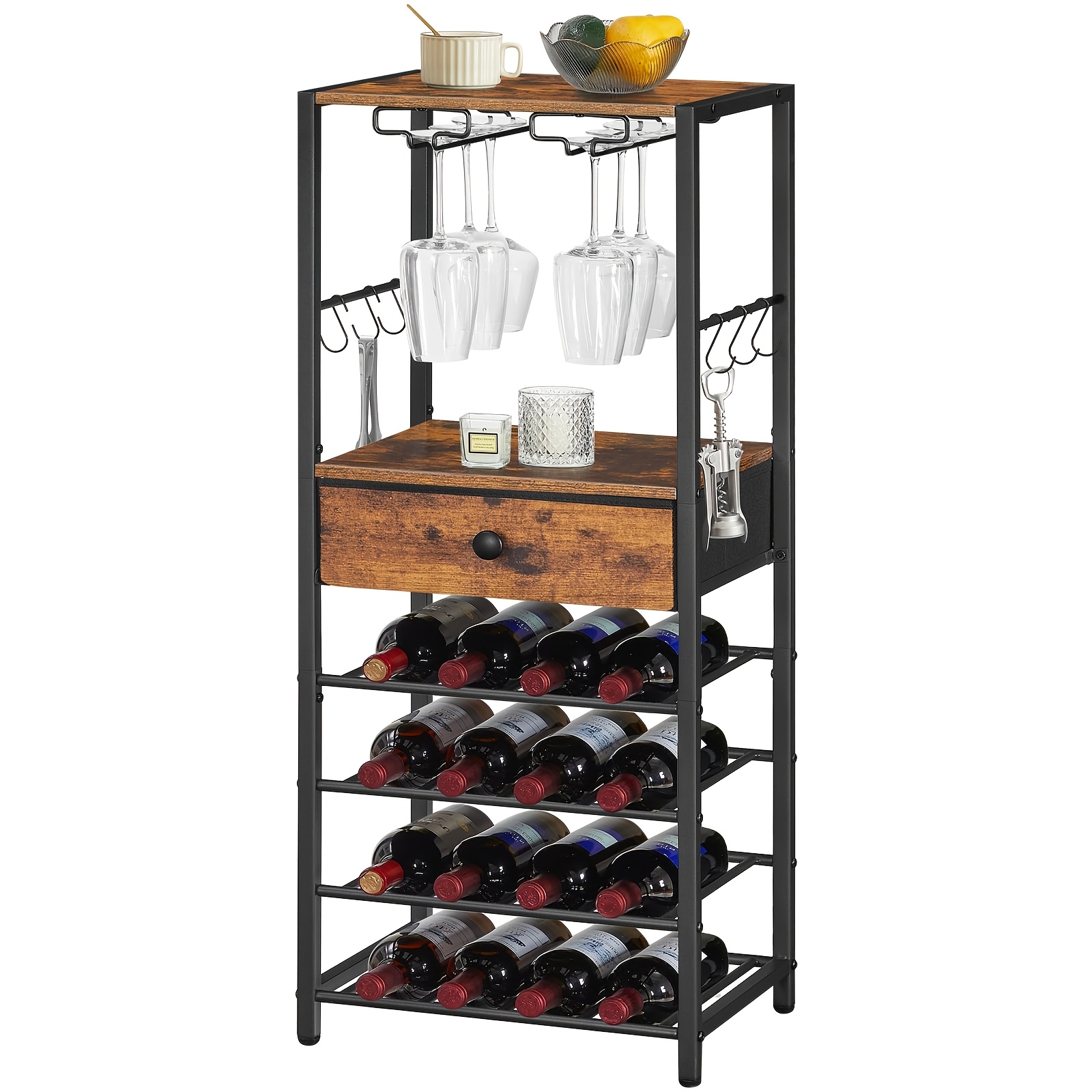 Image of Wine Rack - 6-tier Tabletop Storage Rack With Drawer Design, Holds 16 Bottles Of Wine, With Wine Glass Rack And Bottle Hooks, And Black, For Bars