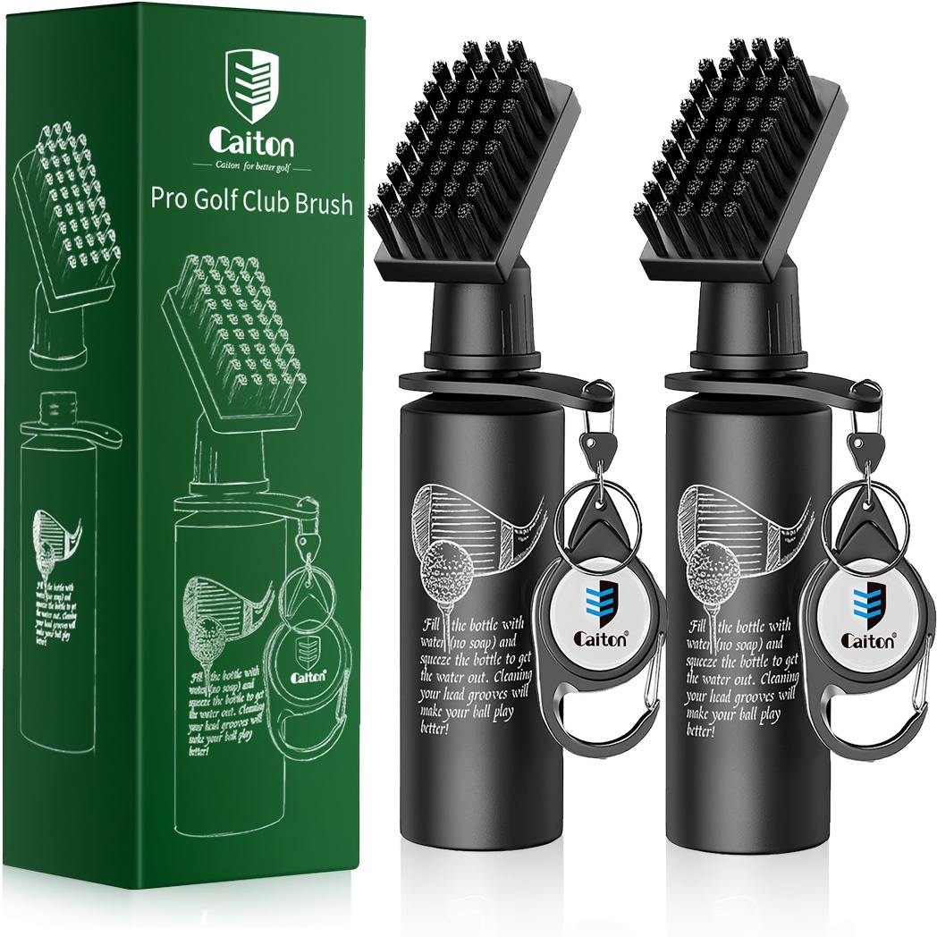 TEMU Caiton 2-pack Golf Club Cleaner Brush, 7.5-inch Black Brush With 4 Fl Oz Refillable Squeeze Bottle And Clip For Golf Bag, Portable Club Cleaning