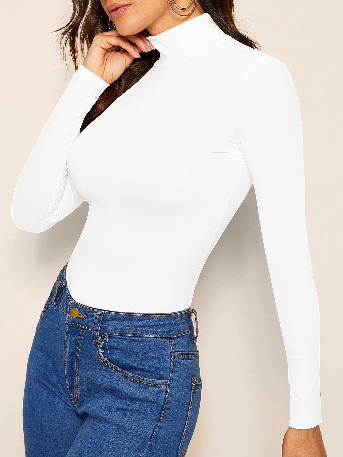 Solid Color Mock Neck T-Shirt, Versatile Long Sleeve T-Shirt For Spring & Fall, Women's Clothing
