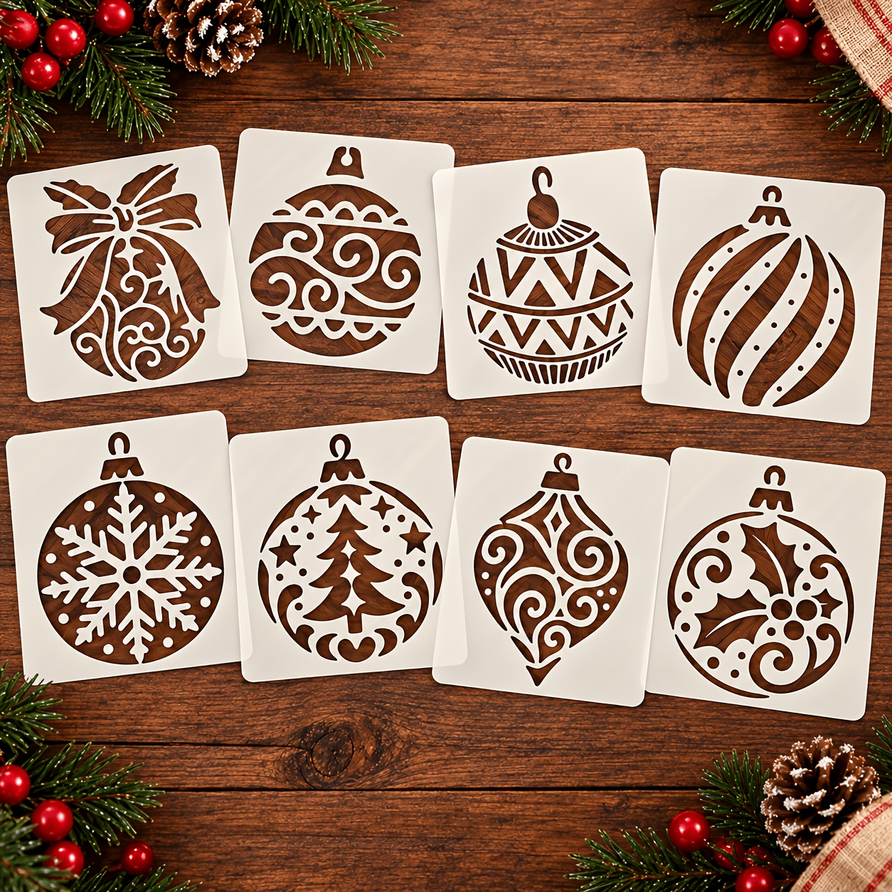 TEMU 8pcs Christmas Light Templates - Reusable 3.94x3.94 Inch Painting Templates With Complex Holiday Designs (bows, Decorations, Trees, Stars) For