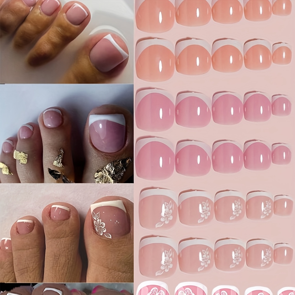 Image of 96pcs Summer Short Square Fake Toenails, White French Style Full Cover Acylic Press On Nails With | Floral Designs, Artificial Glossy Finish False Toe Nails For Women&, Ideal For Salon Or Diy Manicure
