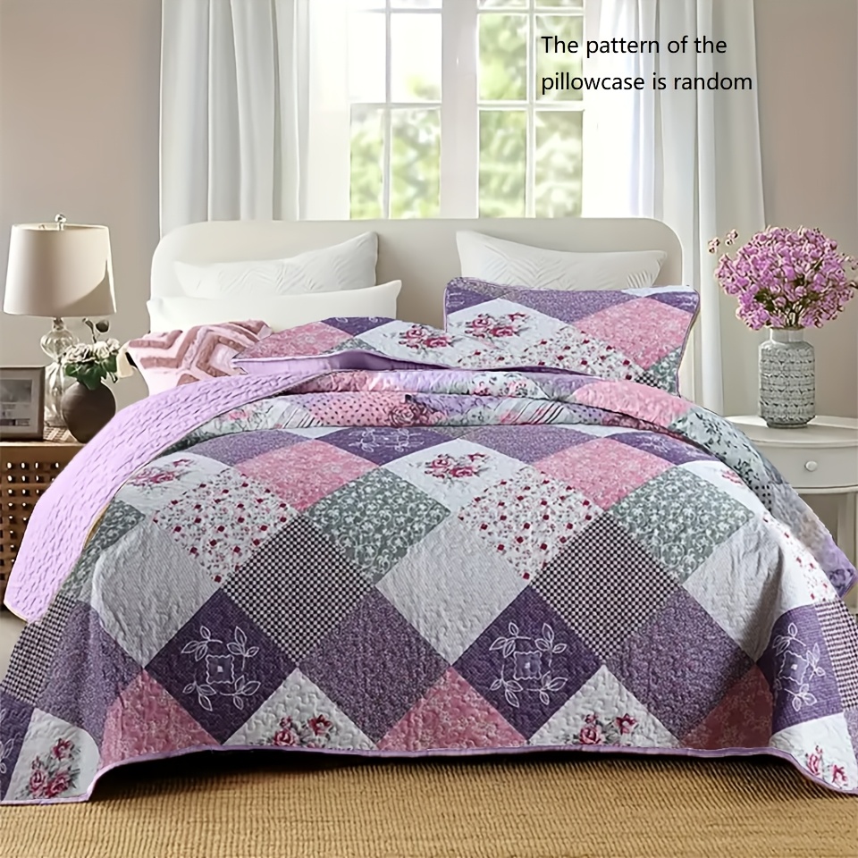 

3pcs Quilted Bedspread Set, Floral Patchwork Design, Includes 1 Duvet Cover And 2 Pillowcases, Machine Washable, Soft , Polyester Bedding For Bedroom Dorm Decor