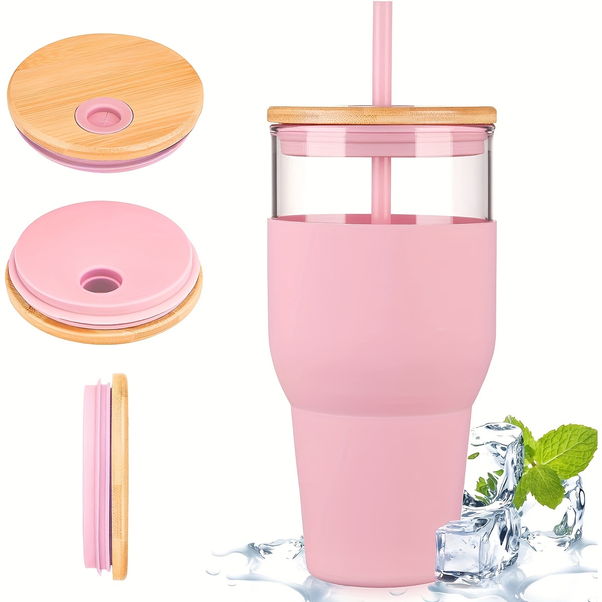 

32oz, Glass Cup With 2 Straws And Lid, Car Cup, Ice Cream Cup, Milk Tea Cup, Suitable For Car Cup Holder Glass Water Bottle, Bpa Free, Coffee Pot, Juice Cup