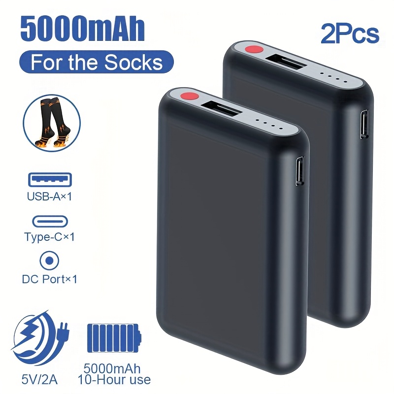TEMU 2pcs 5v 2a 5000mah Small External Battery Packs For Heated Socks, Scarf And Gloves. 3 Heating Settings. Type-c Input, And Usb Ports, Compatible