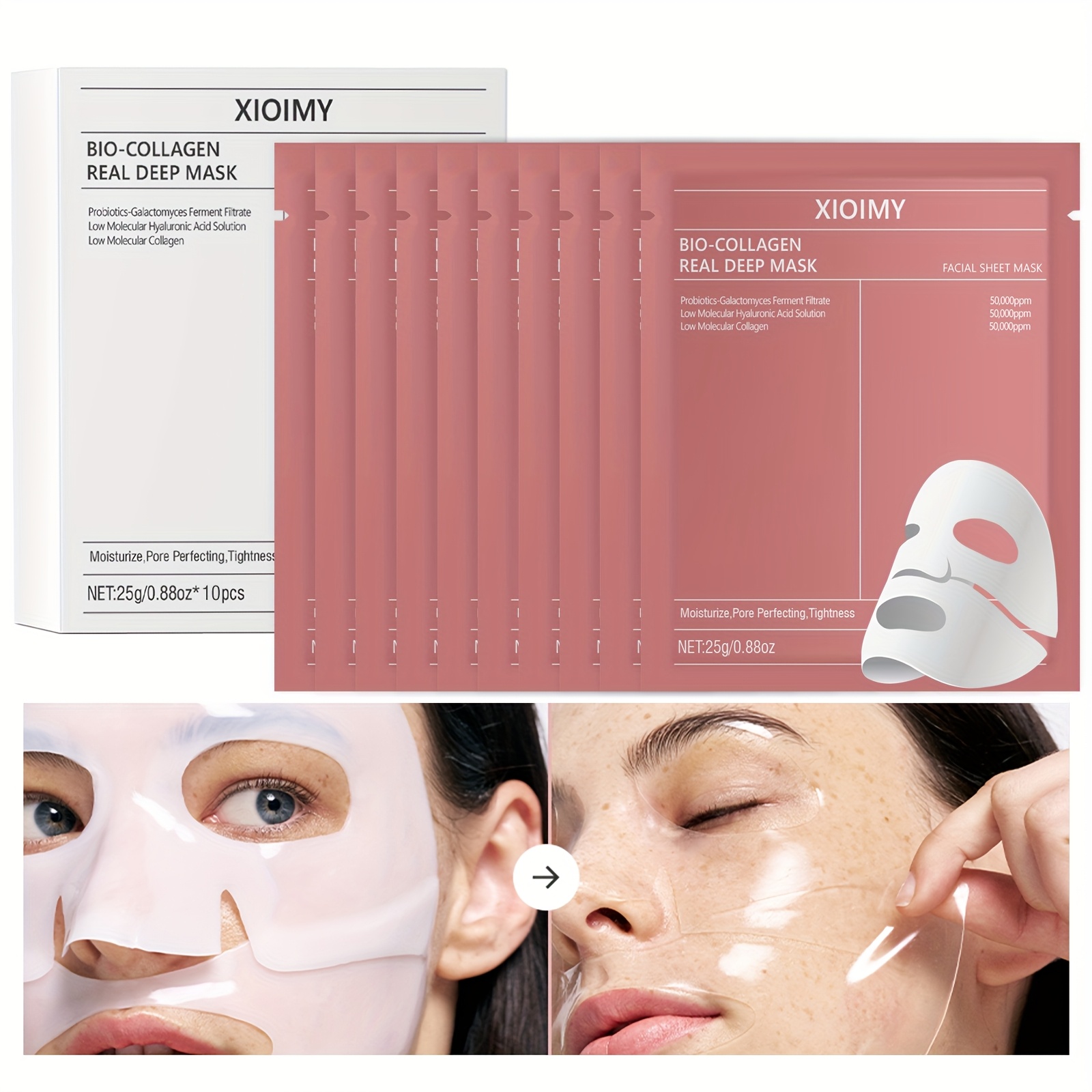 10-częściowy zestaw masek bio-collagen, intensywnie nawilżająca   dla nawilżonej, gładkiej i oświetlonej skóry, bogatej w biokolagen, bez alkoholu, hipoalergicznej, z zapachem cytryny, nawilżająca pielęgnacja, dla wszystkich rodzajów skóry