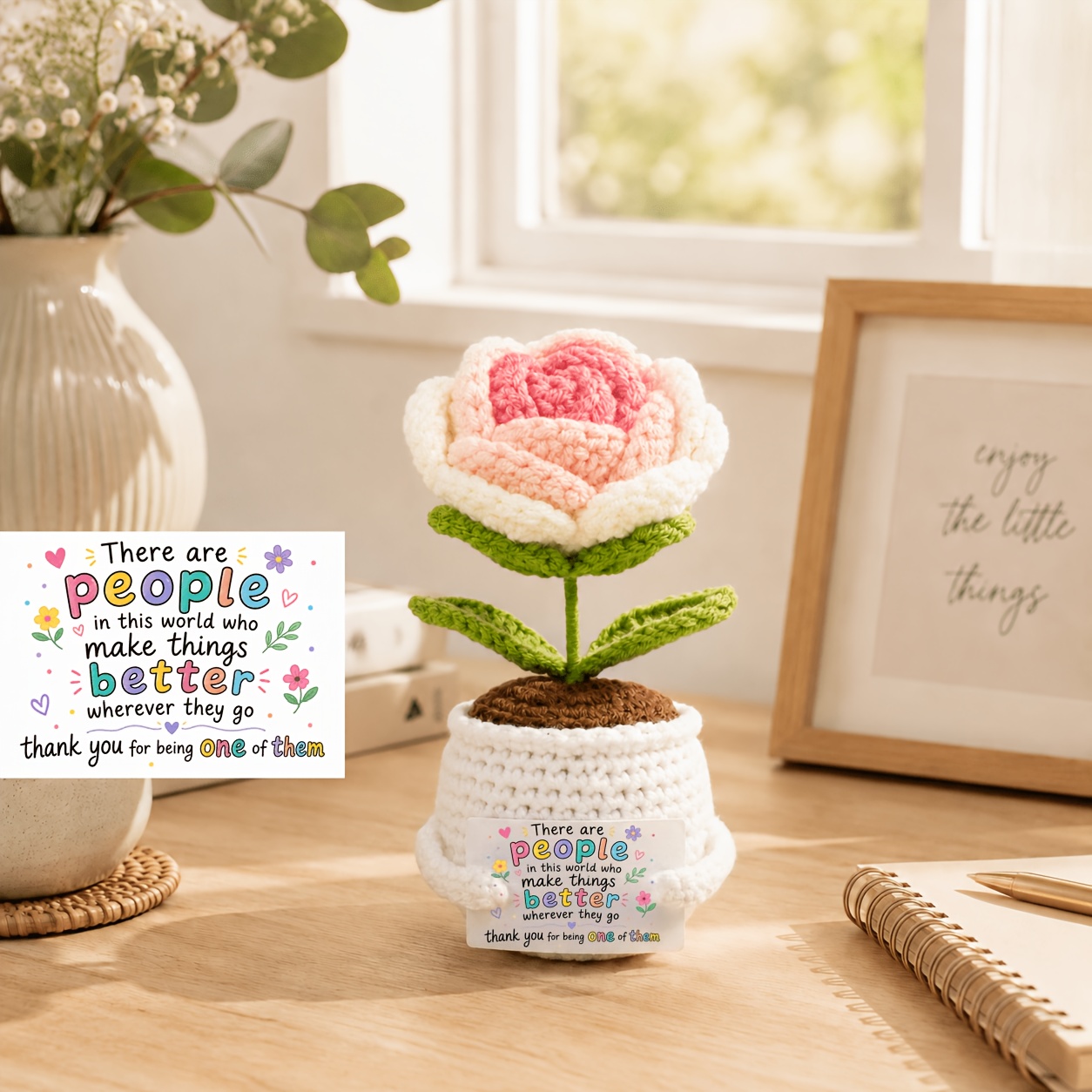 TEMU Handmade Crochet Rose Pot Flower, Thank You For Helping Me Grow Teacher Gift, Knitted Artificial Plant For Office Desk Home Decor, Christmas