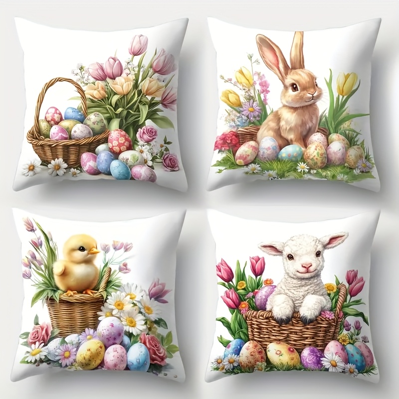 

4pcs Easter Floral Pattern Pillowcase - Soft Polyester Material, Zipper Closure, Hand Washable - Suitable For Sofa And Home Decoration, Office, Living Room - No Filler, Single-sided Printing