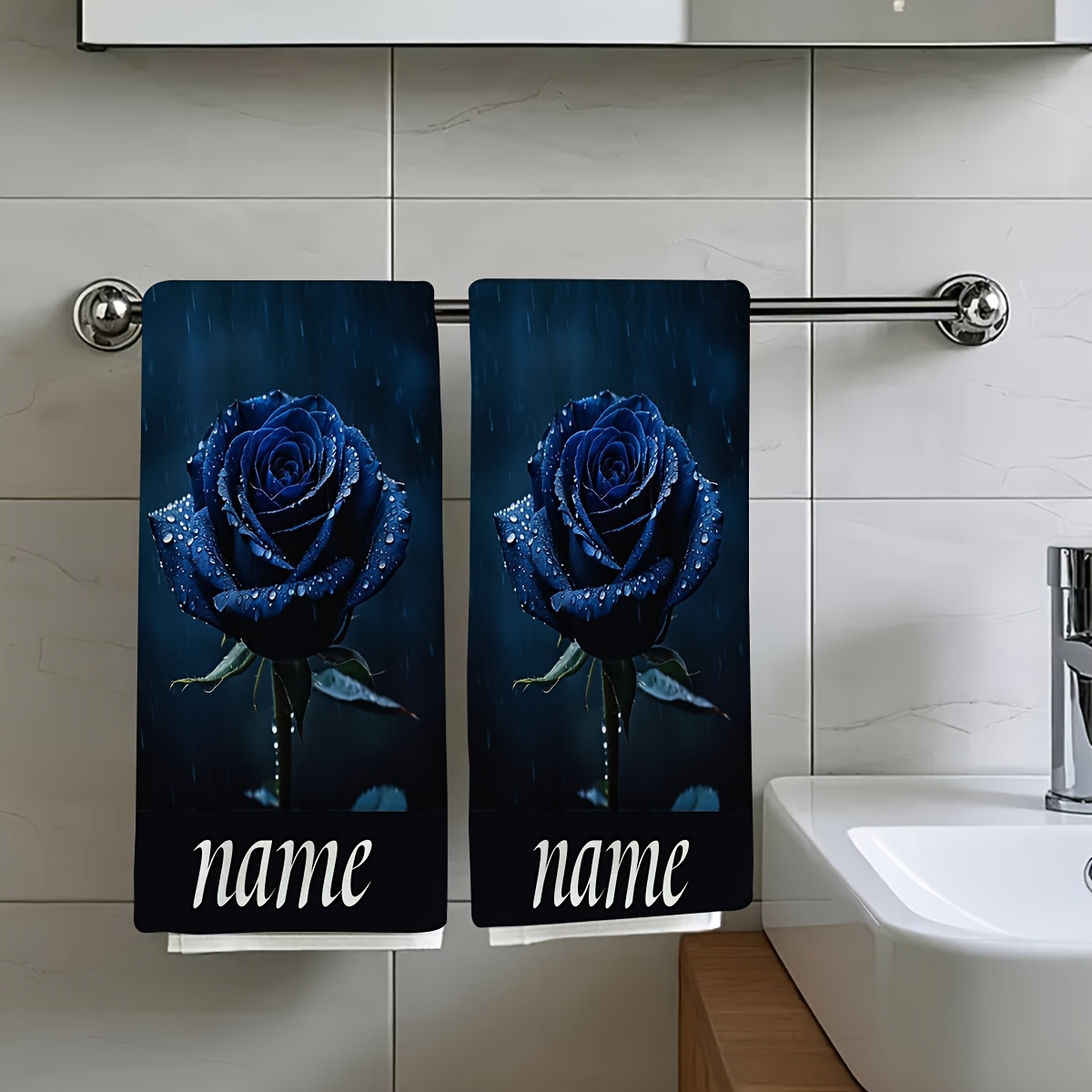 TEMU 2pcs, Of Blue Rose Petals With Water , Travel , Customizable Text Towel, Name Customization Towel, Cartoon Anime Towel, Striped Design, Suitable