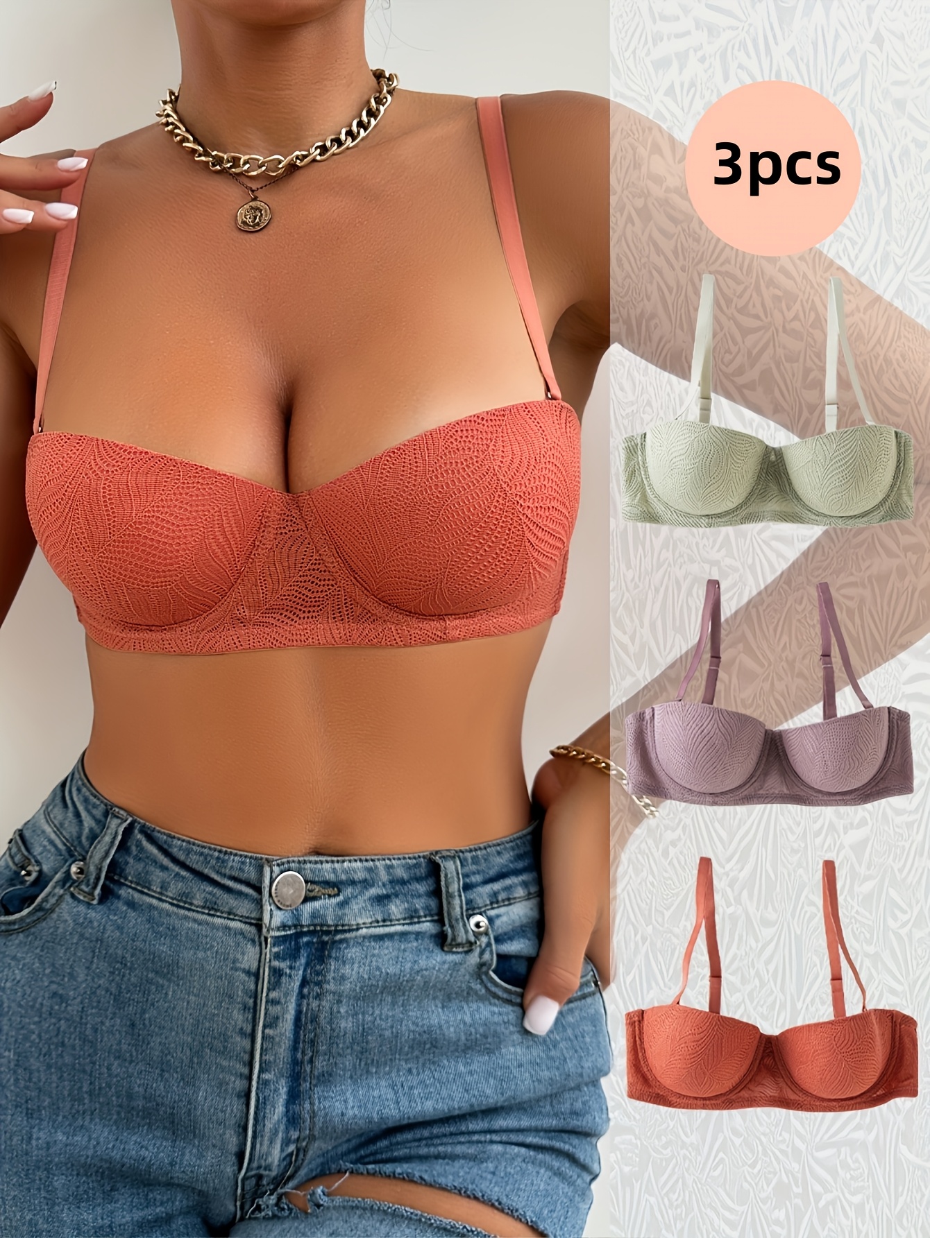 3pcs Solid Color Lace Steel Rim Bras for Valentine'S Day, Sexy Gathering Comfortable Underwear, Women'S Elegant Bra