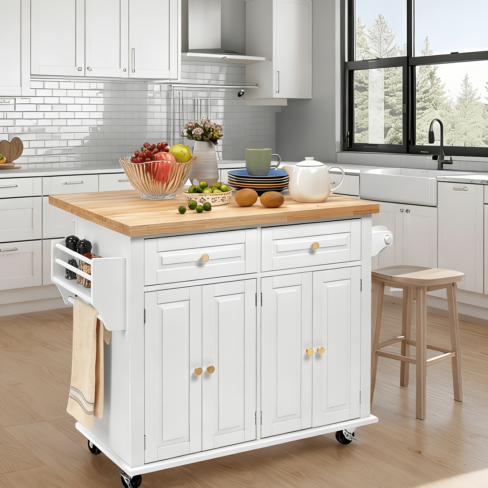 Rolling Kitchen Island with Drop Leaf, Thicken Rubberwood Top, Spice Rack, Towel Rack, Drawer, 43.3