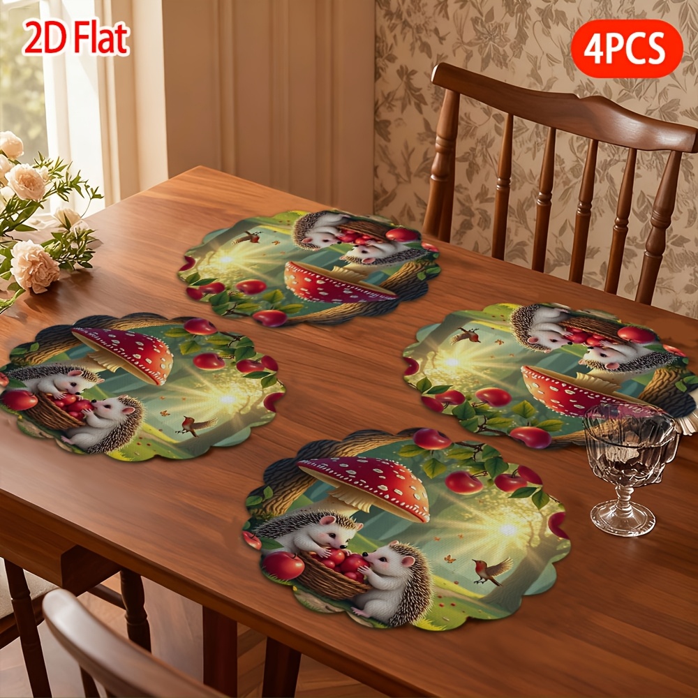 TEMU 2d Flat, 4pcs, Placemats, 2 Hedgehogs Eating Under The Tree, Themed Lace Placemats, Perfect Easter Decoration, Valentine's Day Gift, Suitable