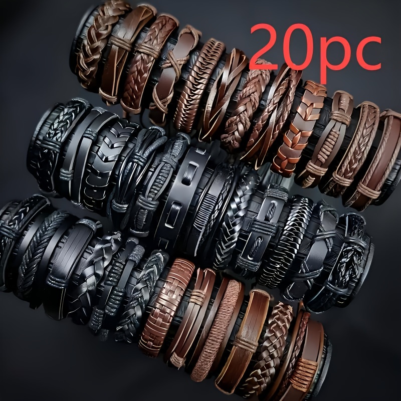 Image of 20pcs Set Of Hand-woven Pu Leather Bracelets (alloy Accessories Not Included), Adjustable Bangle Bangle Bracelet Set, Men's Bangle Bangle Bracelet Set, Halloween And Christmas Gift