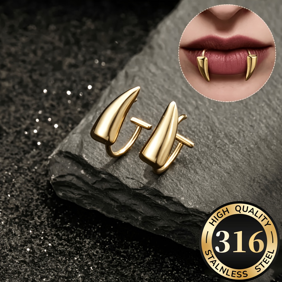 TEMU 2pcs 316l Stainless Steel Fake Lip Ring Vampire Fangs Clip-on Non-piercing Lip Ring, Unisex Realistic Body Piercing Jewelry, Ideal For Daily