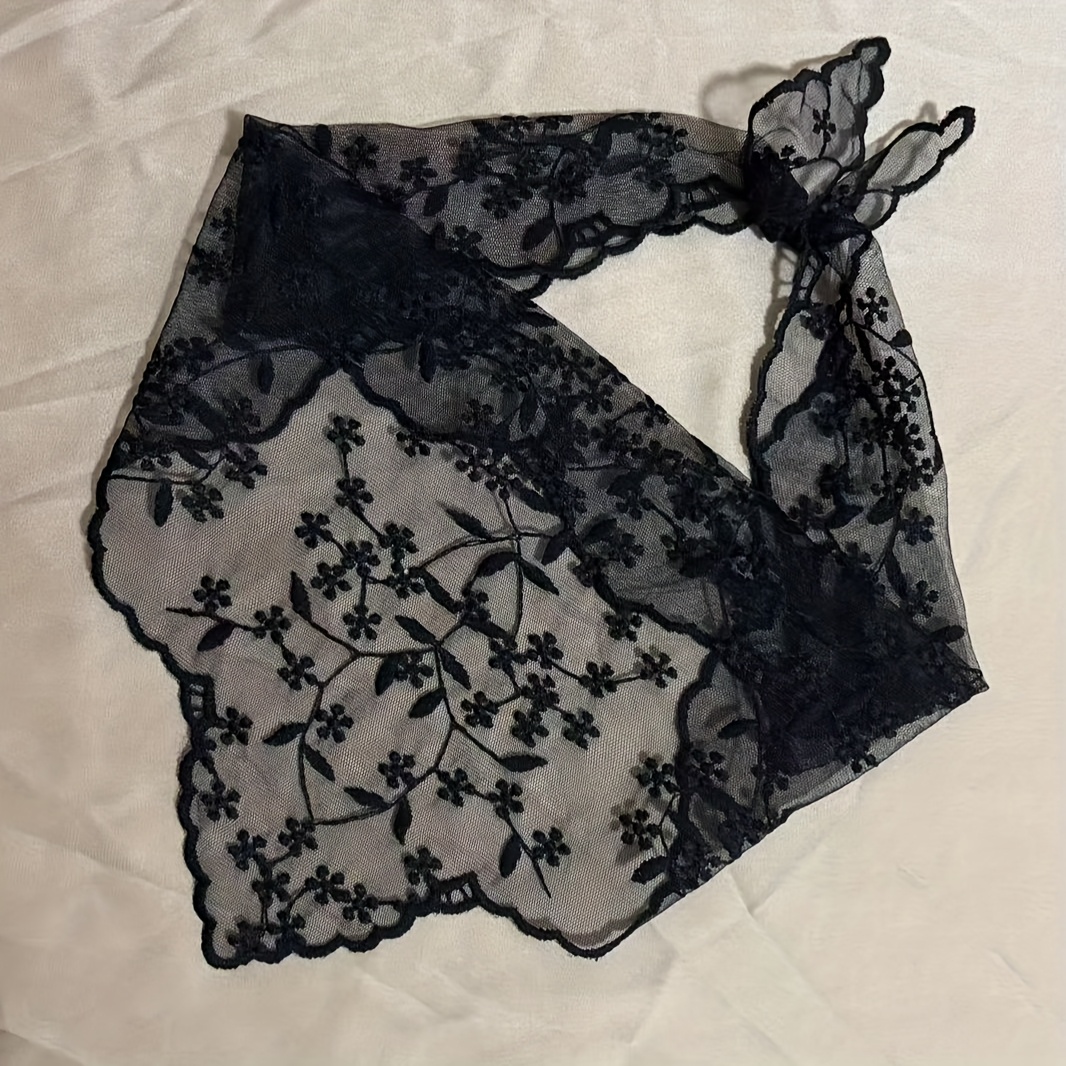 1pc Women's Elegant Black Floral Embroidered Triangle Scarf - Lightweight 100% Polyester, Non-stretch Versatile Neck Wrap For Dates, Travel & Formal Events