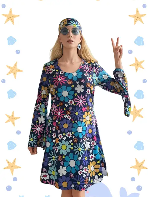 Retro 70S 80S Women'S Party Dress, Round Neck Design, Flared Cuffs, 70S * Gown, Ladies Hippie Style Dress * Carnival Carnival Attire, Dancing at Themed Parties * Retro 70S 80S Women'S Party Dress, Round Neck Design, Flared Cuffs, 70S * Gown, Ladies Hippie Style Dress * Carnival Carnival Attire, Dancing at Themed Parties *