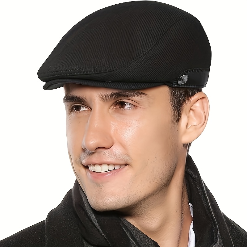 

Warm & Stylish Men's Newsboy Cap With Hidden Ear Flaps - Retro Beret Style, Wool-polyester , Autumn & Winter Driving