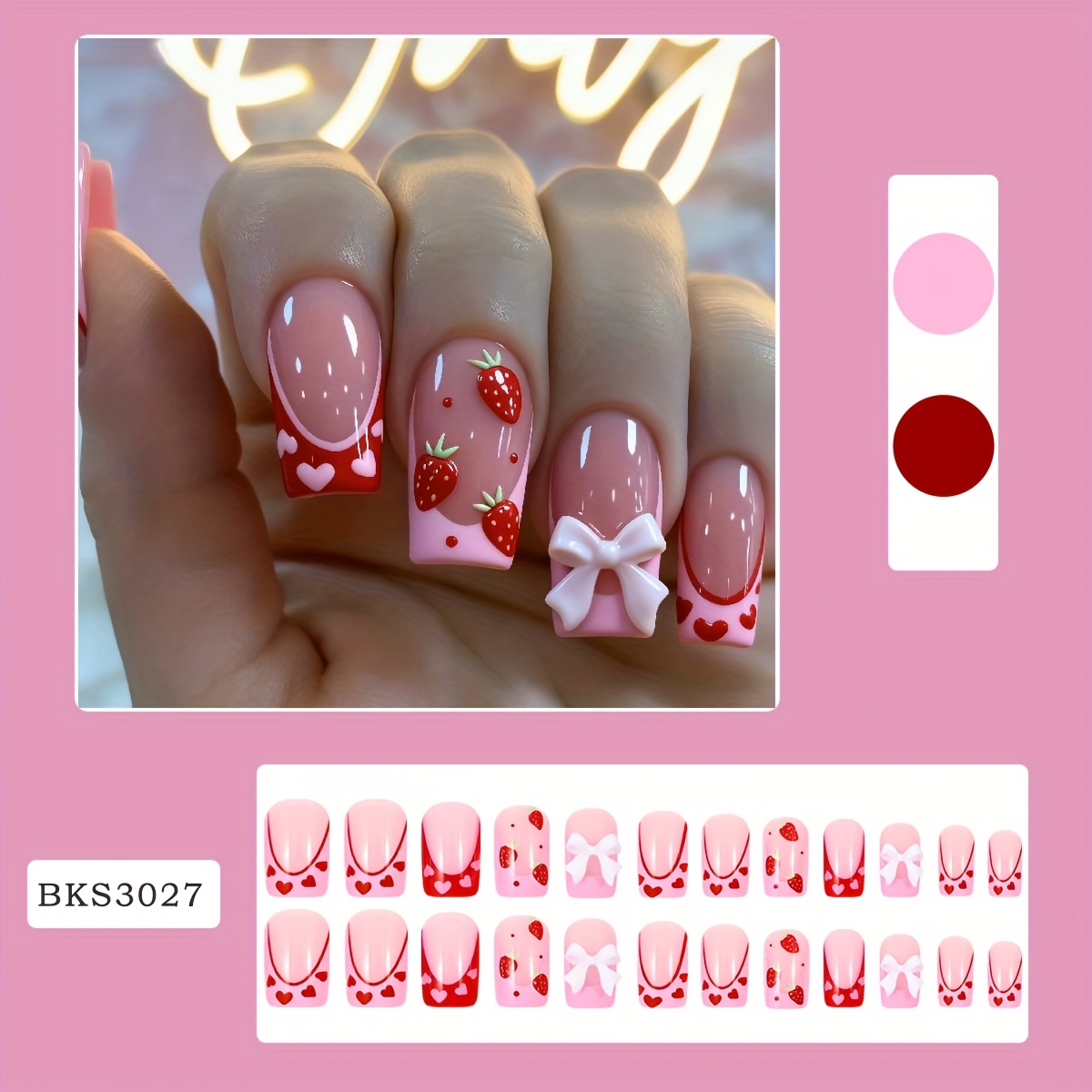 24pcs Pink And Red Heart Strawberry Valentine's Day Press On Nails With Bow