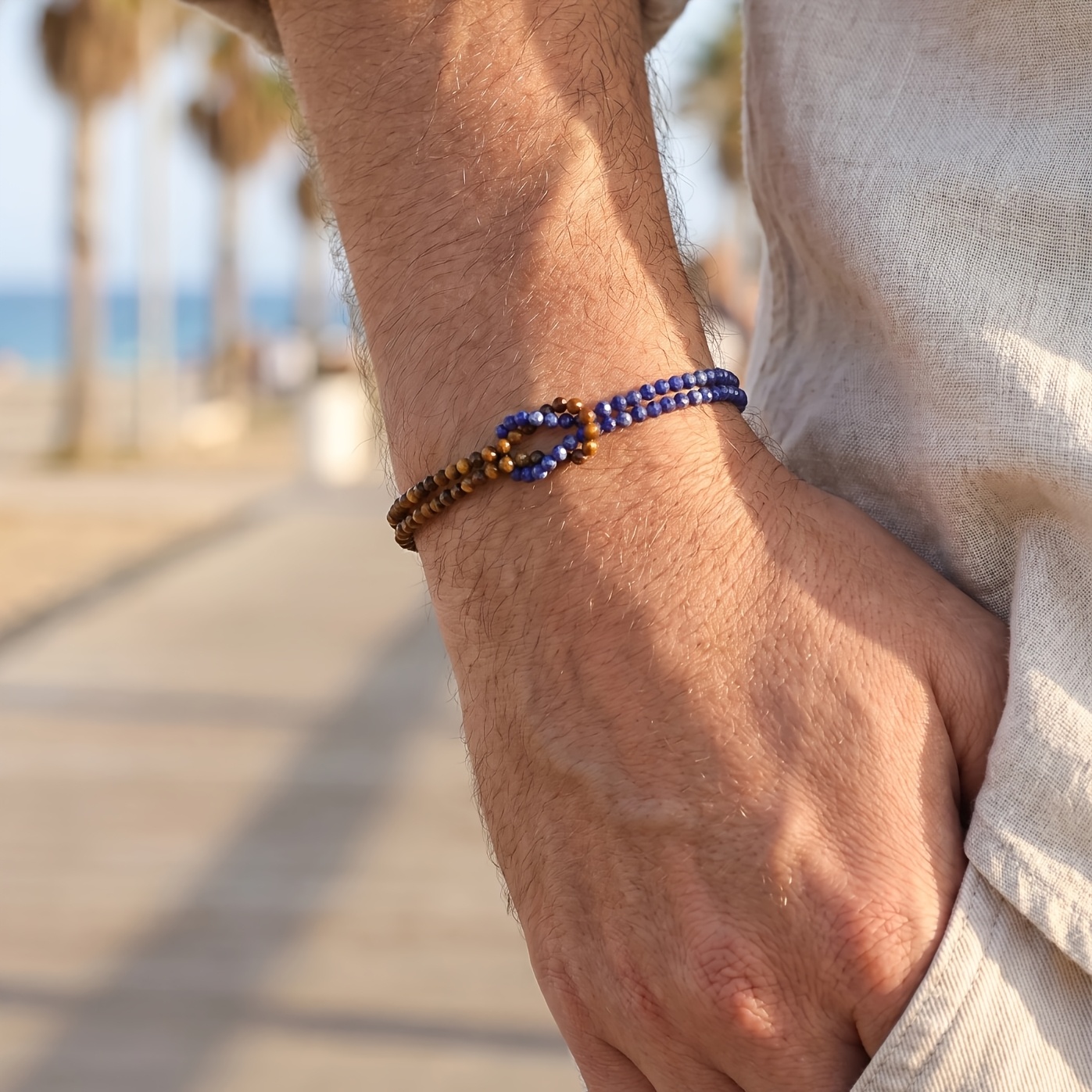 Men's Boho Natural Stone Bracelet with Tiger Eye & Lapis Lazuli