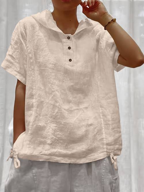 loose solid color hooded short sleeved front button pullover shirt